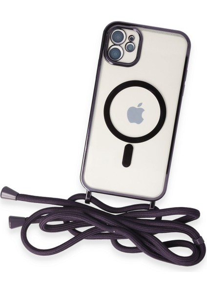 iPhone 11 Kılıf Boyun ve Omuz Ip Askılı Kablosuz Şarj Uyumlu 1.kalite - Derin Mor
