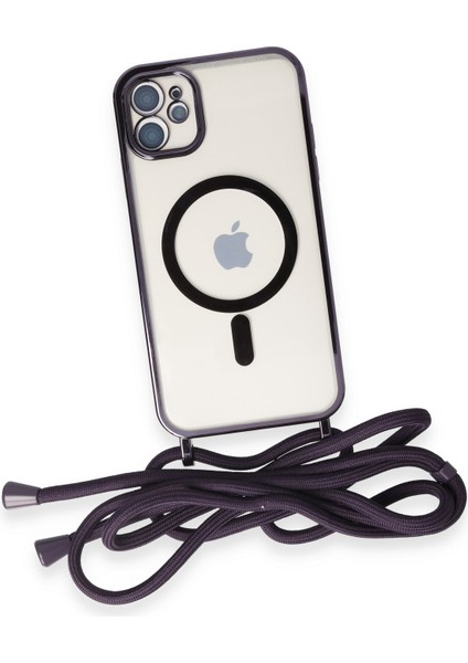 iPhone 11 Kılıf Boyun ve Omuz Ip Askılı Kablosuz Şarj Uyumlu 1.kalite - Derin Mor