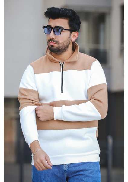 Arman Üç Iplik Şardonlu Parçalı Fermuarlı Dik Yaka Slim Fit Erkek Sweatshirt