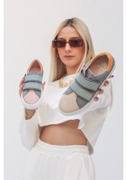 Alison Doğal Deri Materyal Kauçuk Taban Füme-Pudra Kadın Sneakers 008