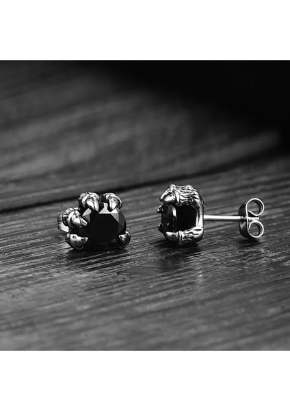 Ejder Pençesi Gotik Zirkon Taşlı Claw Witchcraft Çivi Model Büyük Boy 316L Çelik Erkek Küpe