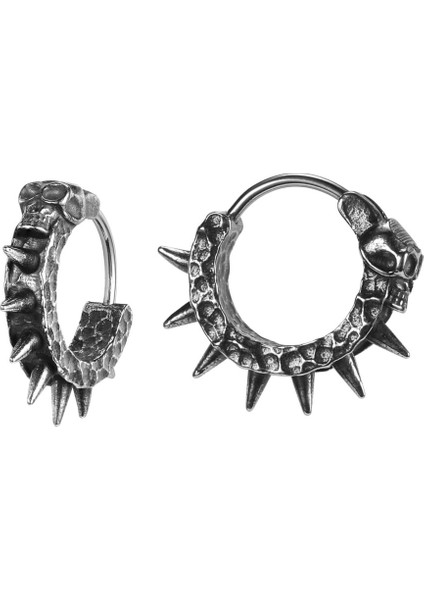Gotik Kurukafa Işlemeli Dikenli Punk Eskitmeli 316L Çelik Erkek Küpe
