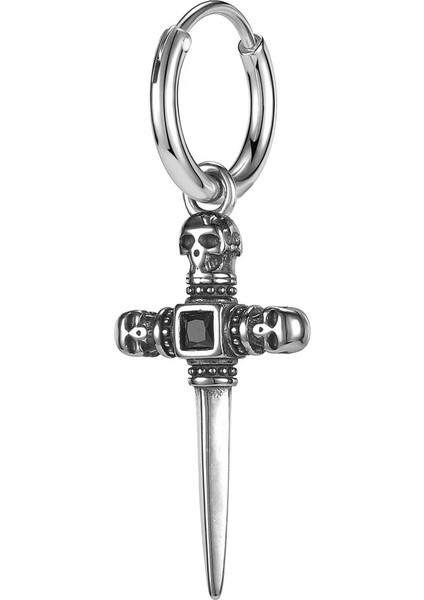 Gotik Sword & Skull Zirkon Taşlı Kılıç Haç Çarmıh 316L Çelik Erkek Küpe