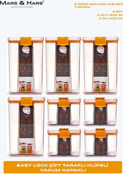 8'li Sızdırmaz, Çift Kilit Klipsli, Vakum Kapaklı, Erzak, Baharat Saklama Kabı (4 Orta +4 Küçük) modelleri