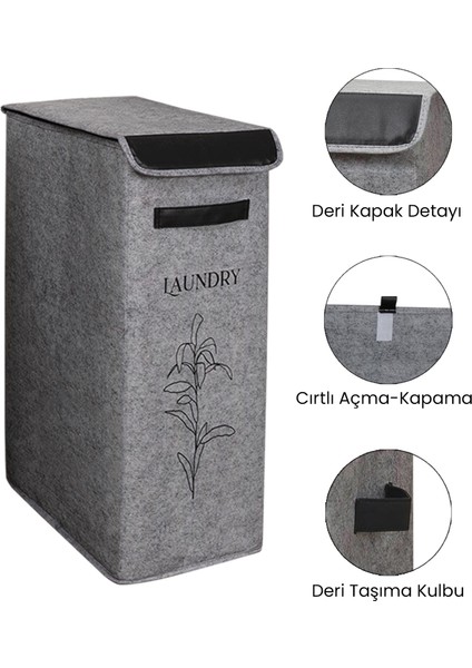 Kapaklı Keçe Çamaşır Sepeti Katlanır Saklama Selesi 3'lü Set Gri 25X40X60CM-25LT Çamaşır Selesi-Kova fiyatları