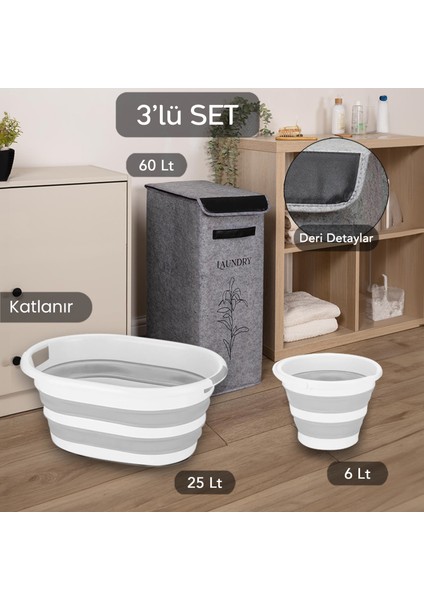 Kapaklı Keçe Çamaşır Sepeti Katlanır Saklama Selesi 3'lü Set Gri 25X40X60CM-25LT Çamaşır Selesi-Kova
