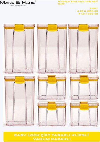 8'li Sızdırmaz, Çift Kilit Klipsli, Vakum Kapaklı, Erzak, Baharat Saklama Kabı (4 Orta +4 Küçük) modelleri