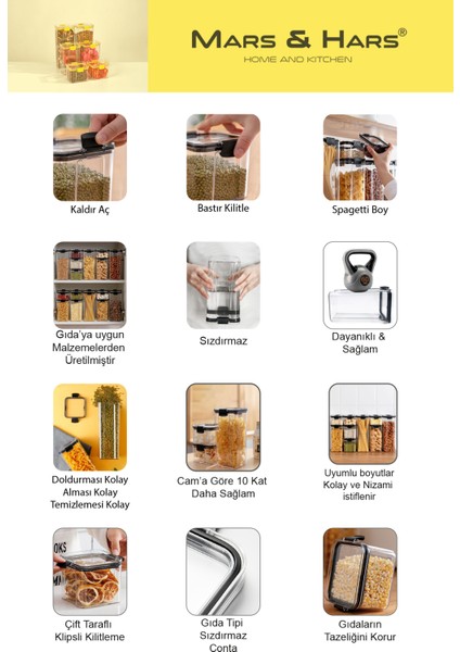 8'li Sızdırmaz, Çift Kilit Klipsli, Vakum Kapaklı, Erzak, Baharat Saklama Kabı (4 Orta +4 Küçük)