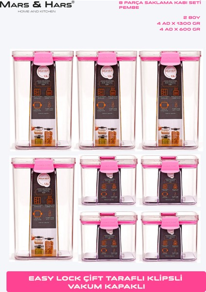 8'li Sızdırmaz, Çift Kilit Klipsli, Vakum Kapaklı, Erzak, Baharat Saklama Kabı (4 Orta +4 Küçük) modelleri