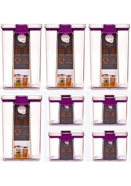 8'li Sızdırmaz, Çift Kilit Klipsli, Vakum Kapaklı, Erzak, Baharat Saklama Kabı (4 Orta +4 Küçük) modelleri