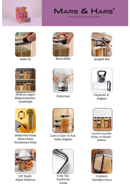 8'li Sızdırmaz, Çift Kilit Klipsli, Vakum Kapaklı, Erzak, Baharat Saklama Kabı (4 Orta +4 Küçük)