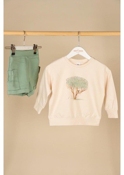 09-36 Ay Kız Bebek Krem-Yeşil Renk Defne Sweat Şort Takım modelleri