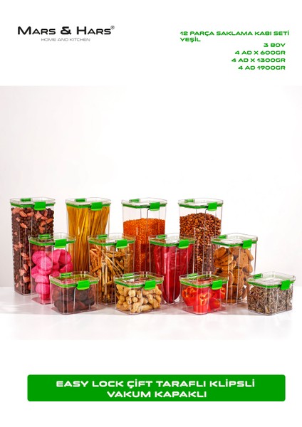 12'li Saklama Kabı Seti-Sızdırmaz-Çift Kilit Klipsli-vakum Kapaklı Erzak Saklama Kabı