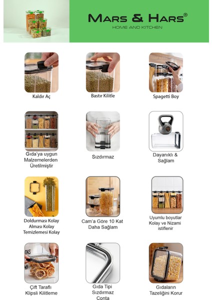 12'li Saklama Kabı Seti-Sızdırmaz-Çift Kilit Klipsli-vakum Kapaklı Erzak Saklama Kabı