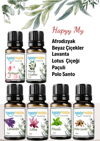 ,eko Paket,afrodizyak,beyaz Çiçekler,lavanta,lotus Çiçeği,paçuli,sandal Ağacı Uçucu Yağ 10 ml Happy My