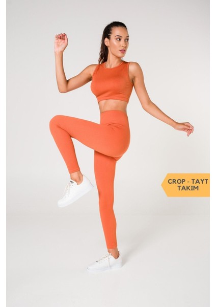 Toparlayıcı Dikişsiz Tayt-Crop Top Fitilli Büstiyer Tayt Crop Top Takım Turuncu fiyatları
