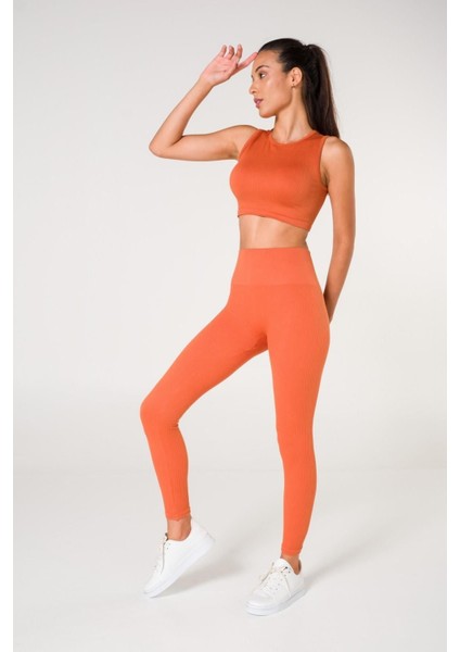 Toparlayıcı Dikişsiz Tayt-Crop Top Fitilli Büstiyer Tayt Crop Top Takım Turuncu modelleri