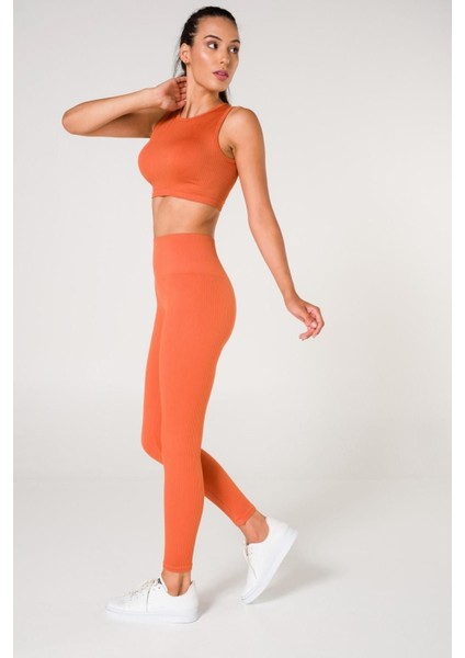 Toparlayıcı Dikişsiz Tayt-Crop Top Fitilli Büstiyer Tayt Crop Top Takım Turuncu fırsatları