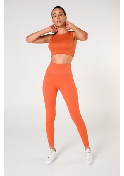 Toparlayıcı Dikişsiz Tayt-Crop Top Fitilli Büstiyer Tayt Crop Top Takım Turuncu indirimleri