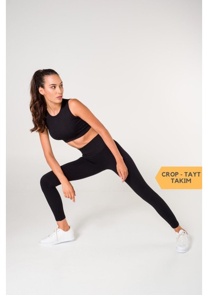 Toparlayıcı Dikişsiz Tayt-Crop Top Fitilli Büstiyer Tayt Crop Top Takım Siyah fiyatları