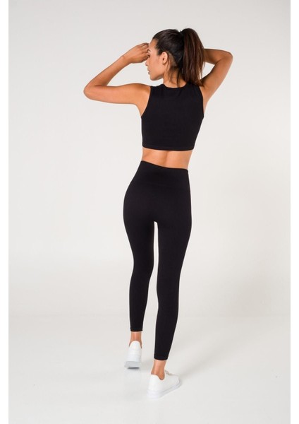Toparlayıcı Dikişsiz Tayt-Crop Top Fitilli Büstiyer Tayt Crop Top Takım Siyah modelleri