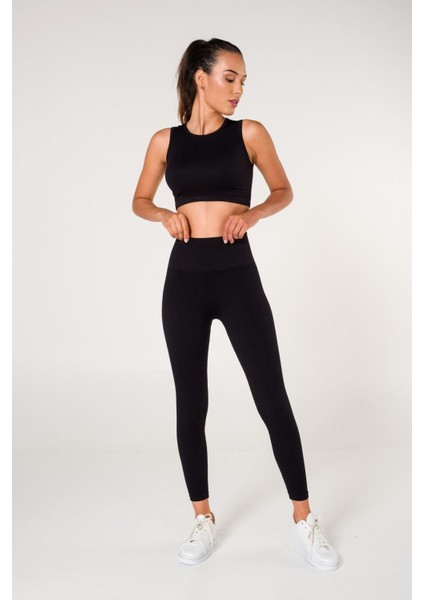 Toparlayıcı Dikişsiz Tayt-Crop Top Fitilli Büstiyer Tayt Crop Top Takım Siyah indirimleri