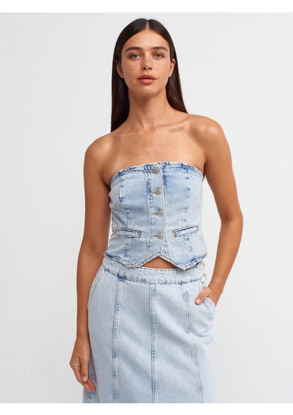 50703 Önü Flatolu Kısa Denim Yelek-Mavi