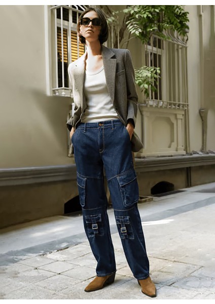 LAURA Cargo Fit Rinse Koyu İndigo Utility Kadın Jean Pantolon