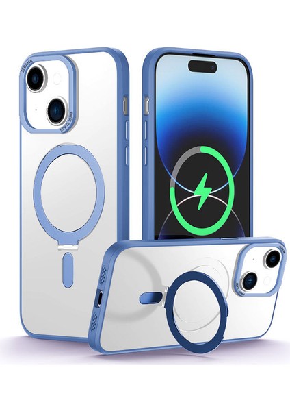 Apple iPhone 15 Plus Uyumlu Kılıf Zebana First Class Standlı Kılıf (Kablosuz Şarj) Açık Mavi