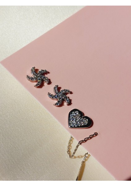 925 Ayar Gümüş Zirkon Taşlı Kutup Yıldızı Kalp Figürlü Zincir Sallantılı Kıkırdak Küpe fiyatları