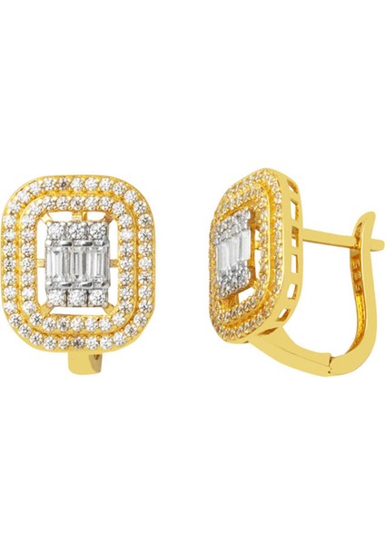 Tasarım Baget Taşlı Altın Küpe 14 Ayar