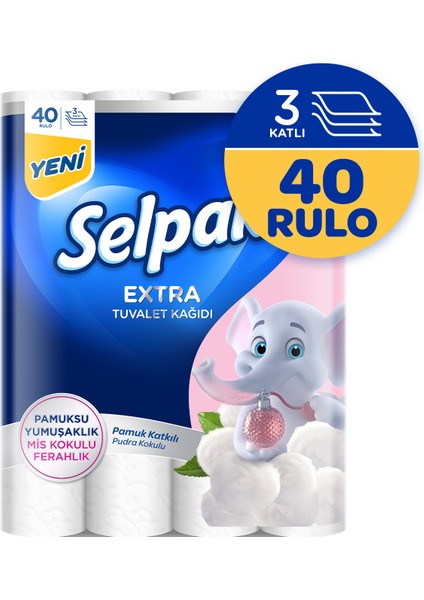 Selpak® Extra Pamuk Katkılı ve Pudra Kokulu 40'lı Tuvalet Kağıdı