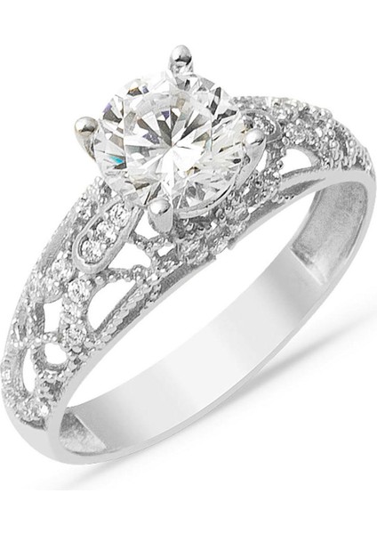 Özel Tasarım Tek Taş 14 Ayar Beyaz Altın Yüzük