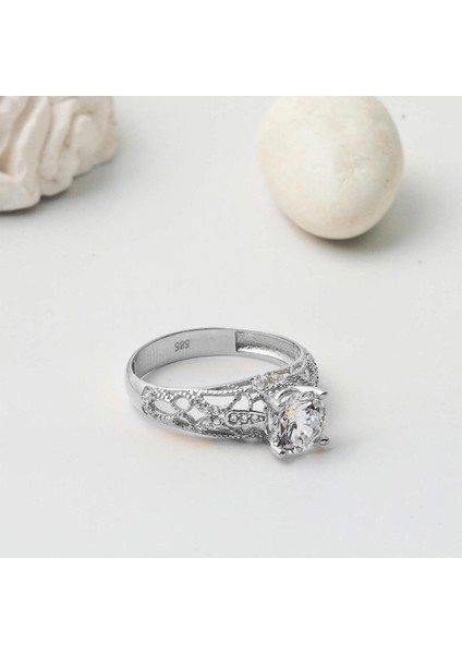 Özel Tasarım Tek Taş 14 Ayar Beyaz Altın Yüzük fiyatları