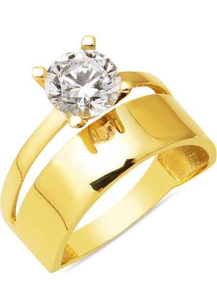 14 Ayar Sarı Altın Alyans Tektaş Yüzük