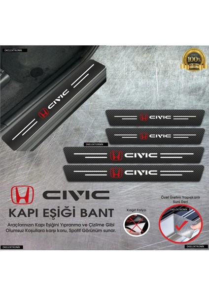 DK Elektronik Honda Civic Logolu Karbon Kapı Eşiği Koruyucu Suni Deri 4'lü Set