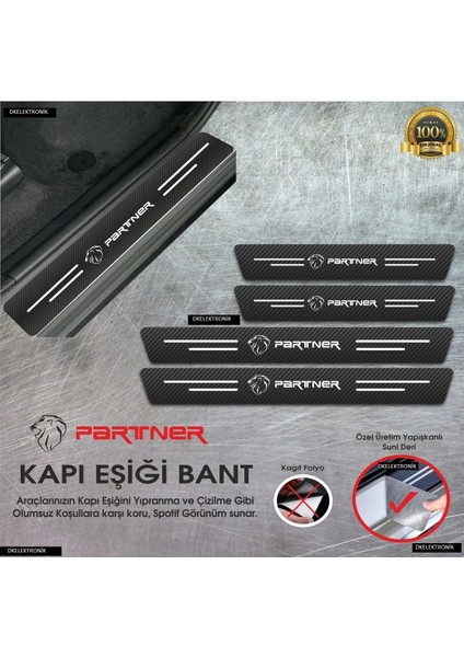 Peugeot Partner Logolu Karbon Kapı Eşiği Koruyucu Suni Deri 4'lü Set