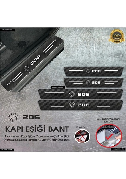 Peugeot 206 Logolu Karbon Kapı Eşiği Koruyucu Suni Deri 4'lü Set