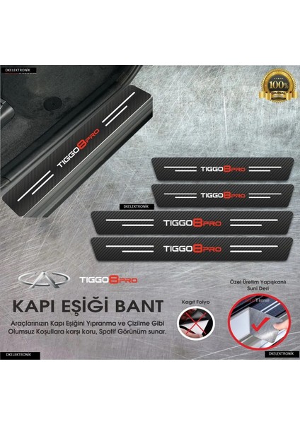 Chery Tiggo 8 Pro Logolu Karbon Kapı Eşiği Koruyucu Suni Deri 4'lü Set