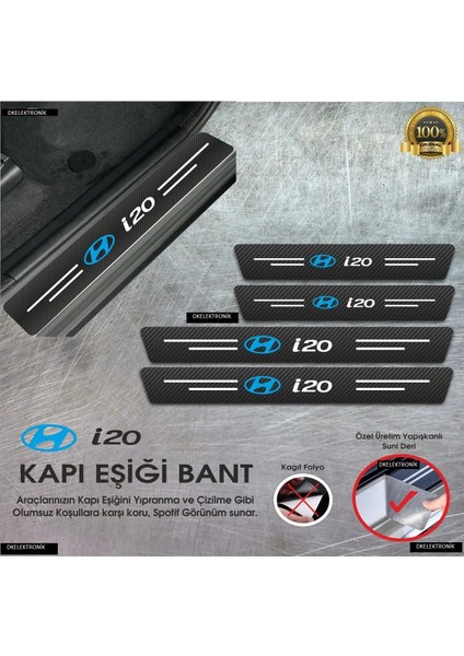 Hyundai I20 Logolu Karbon Kapı Eşiği Koruyucu Suni Deri 4'lü Set