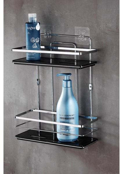 Yapışkanlı Ömür Boyu Paslanmaz Kristal Ayarlanabilir Raf Banyo Düzenleyici Şampuanlık Krom - Siyah Lş-02 Ks