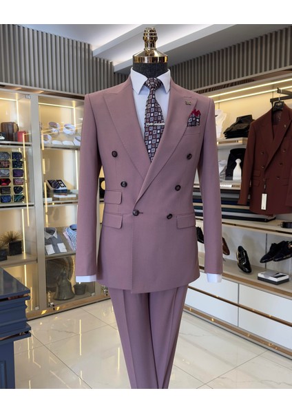 İtalyan stil kruvaze ceket pantolon erkek takım elbise pembe T11091