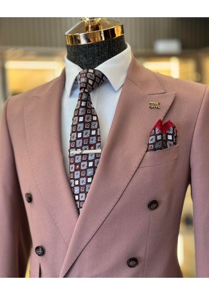 İtalyan stil kruvaze ceket pantolon erkek takım elbise pembe T11091 modelleri