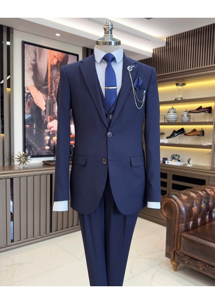 İtalyan stil ceket yelek pileli pantolon takım elbise lacivert T11294