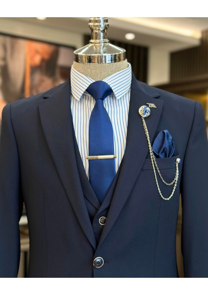 İtalyan stil ceket yelek pileli pantolon takım elbise lacivert T11294 fiyatları