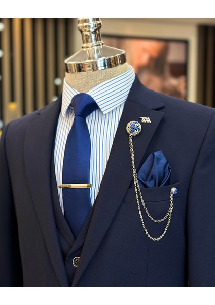 İtalyan stil ceket yelek pileli pantolon takım elbise lacivert T11294 modelleri