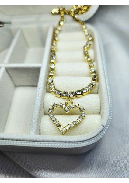 Kristal Taşlı Kalp Love Altın Kaplama Gold Sarı Renkli Choker Kolye