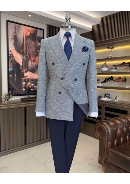 Terziademaltun Italyan Stil Slim Fit Kruvaze Erkek Ceket Mavi T10958