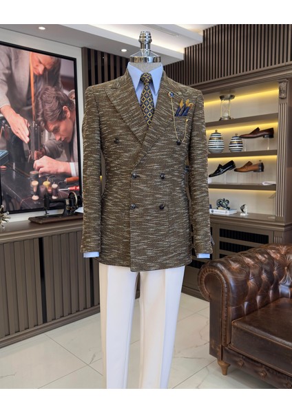 Terziademaltun Italyan Stil Slim Fit Kruvaze Erkek Ceket Kahverengi T10963