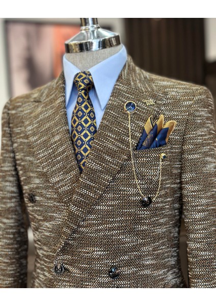 Terziademaltun Italyan Stil Slim Fit Kruvaze Erkek Ceket Kahverengi T10963 modelleri